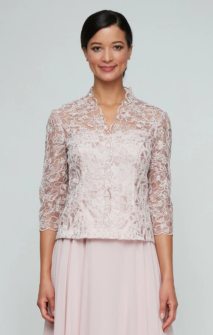 Regular - Corded Embroidered Blouse with Center Front Scallop Detail and Illusion Sleeves