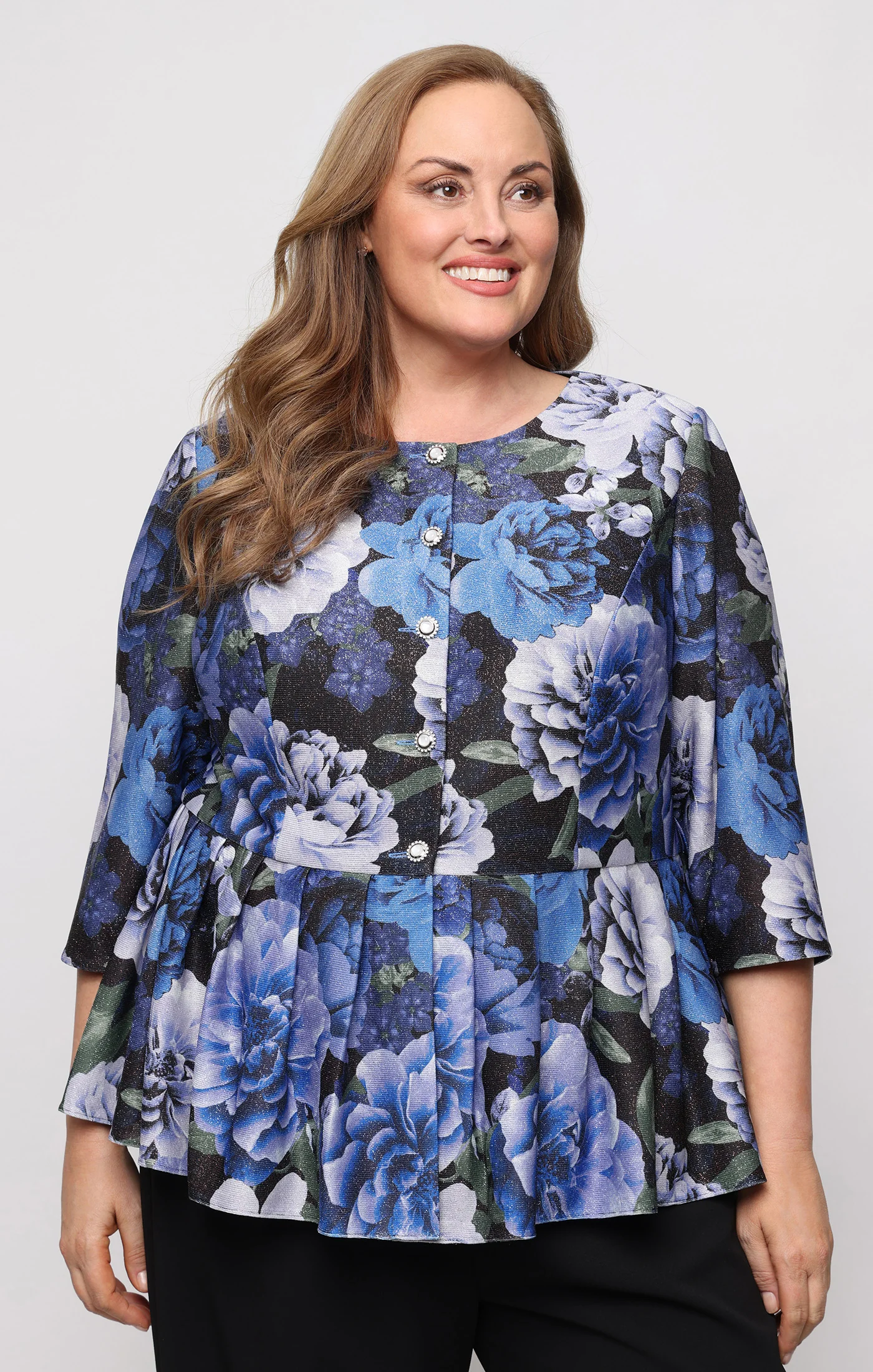 Plus 3/4 Sleeve Printed Button Front Blouse