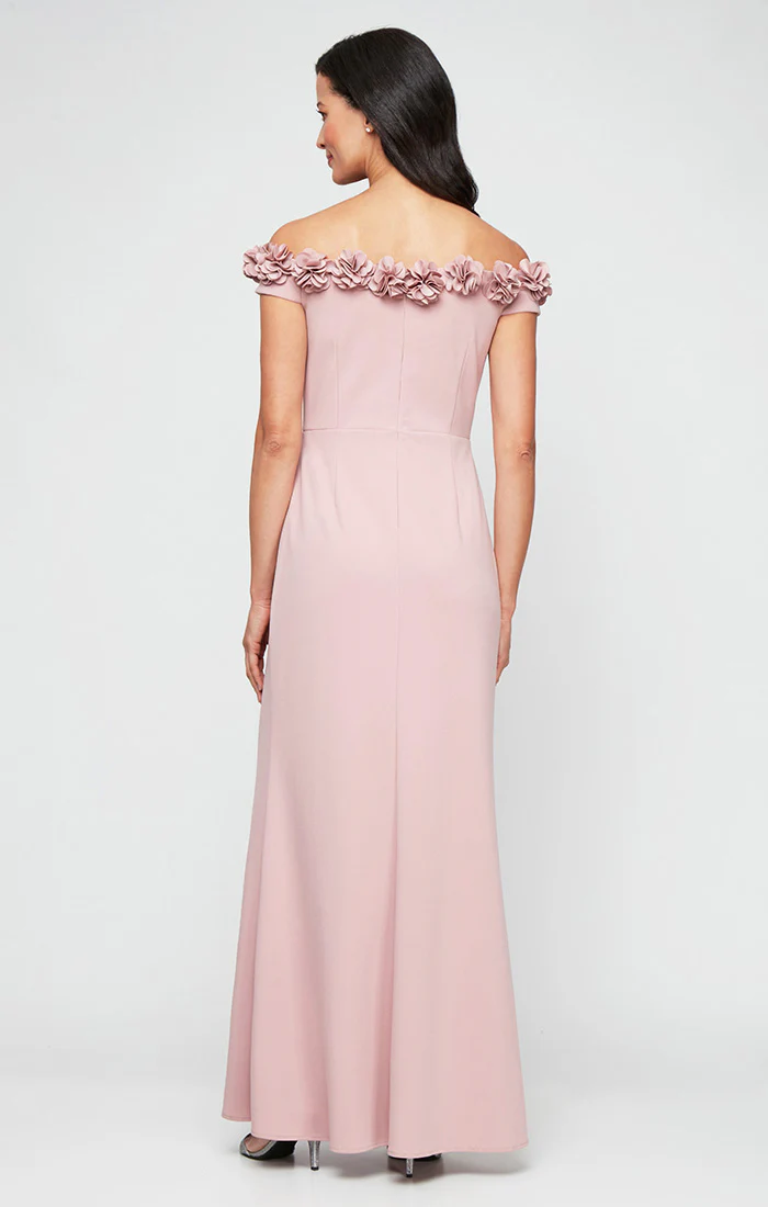 *Long Off the Shoulder Dress With 3D Flower Neckline and Front Slit - Image 6