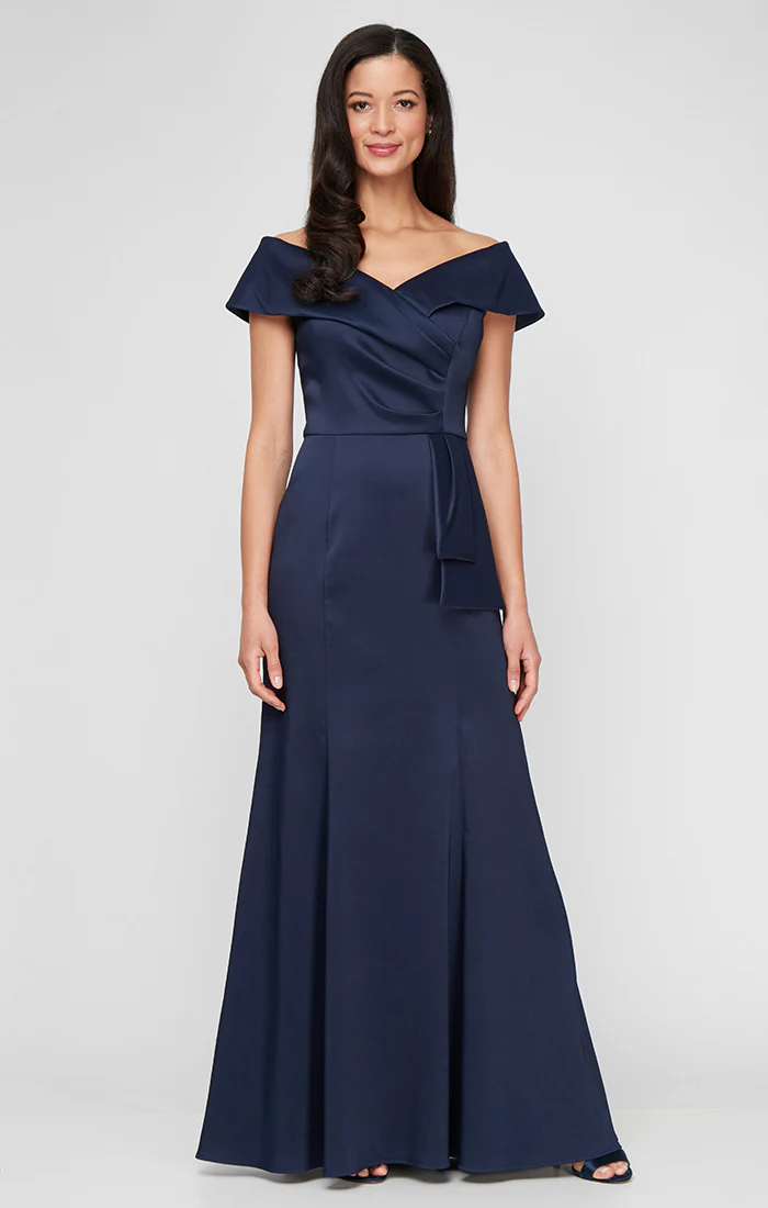 *Long Off the Shoulder Mikado Dress with Sash Waist Detail - Image 4