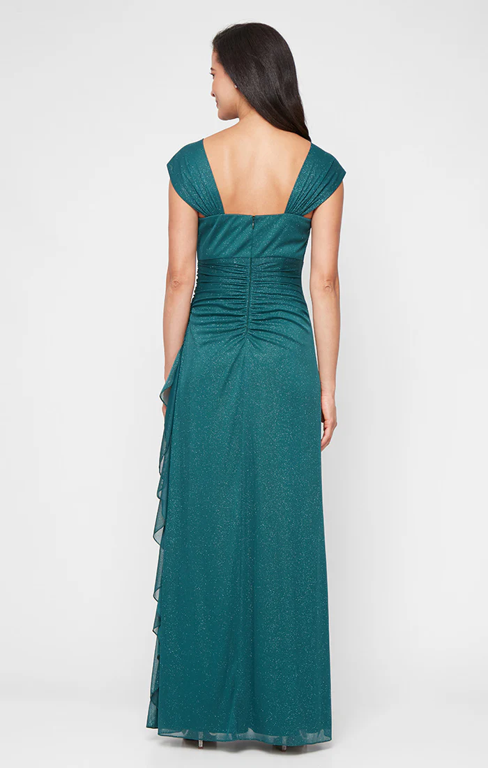 Petite - Sleeveless Glitter Mesh Dress with Cowl Neckline and Cascade Detail Skirt - Image 3