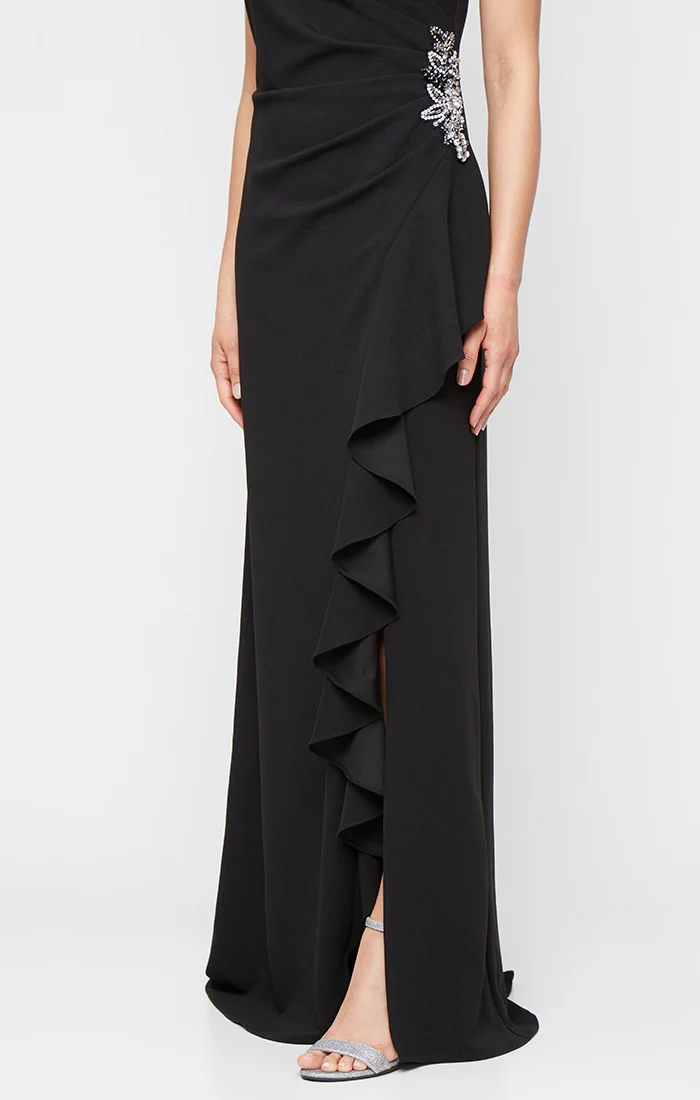 *Long Sleeveless Stretch Crepe Dress with Beaded Hip Detail and Cascade Ruffle Skirt - Image 3