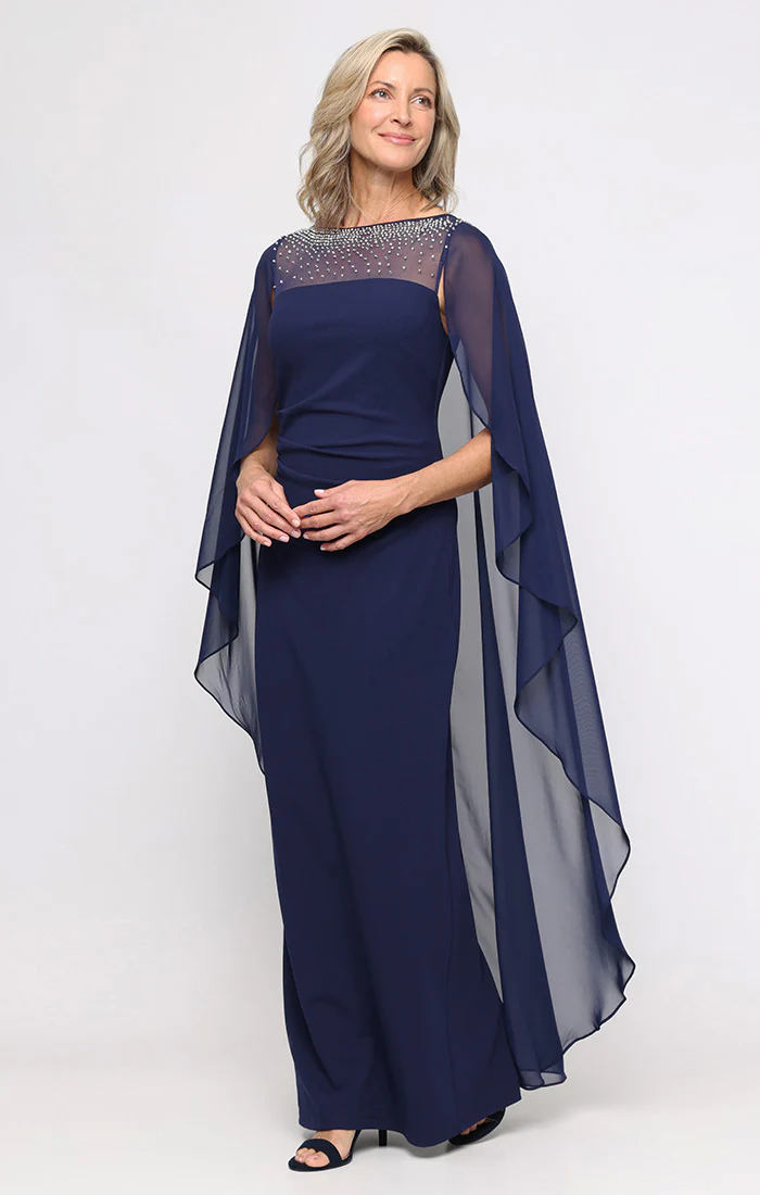 Plus Crepe Column Gown with Dramatic Chiffon Capelet