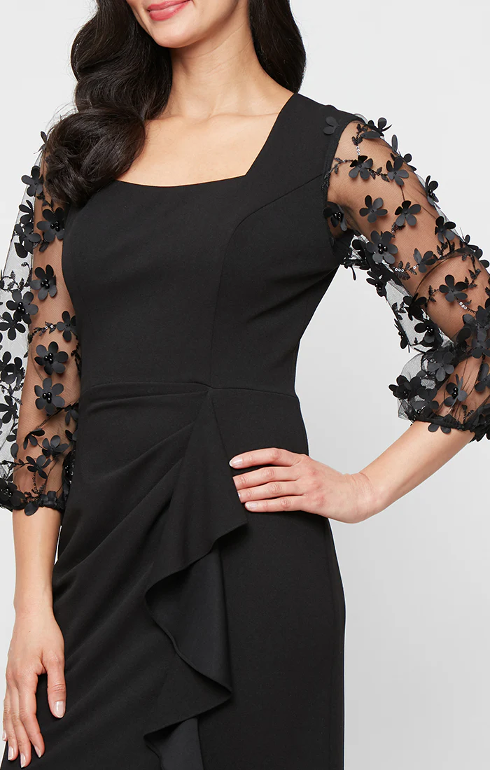 *Long Stretch Crepe Dress with Square Neckline and 3-D Floral Illusion Sleeves - Image 2