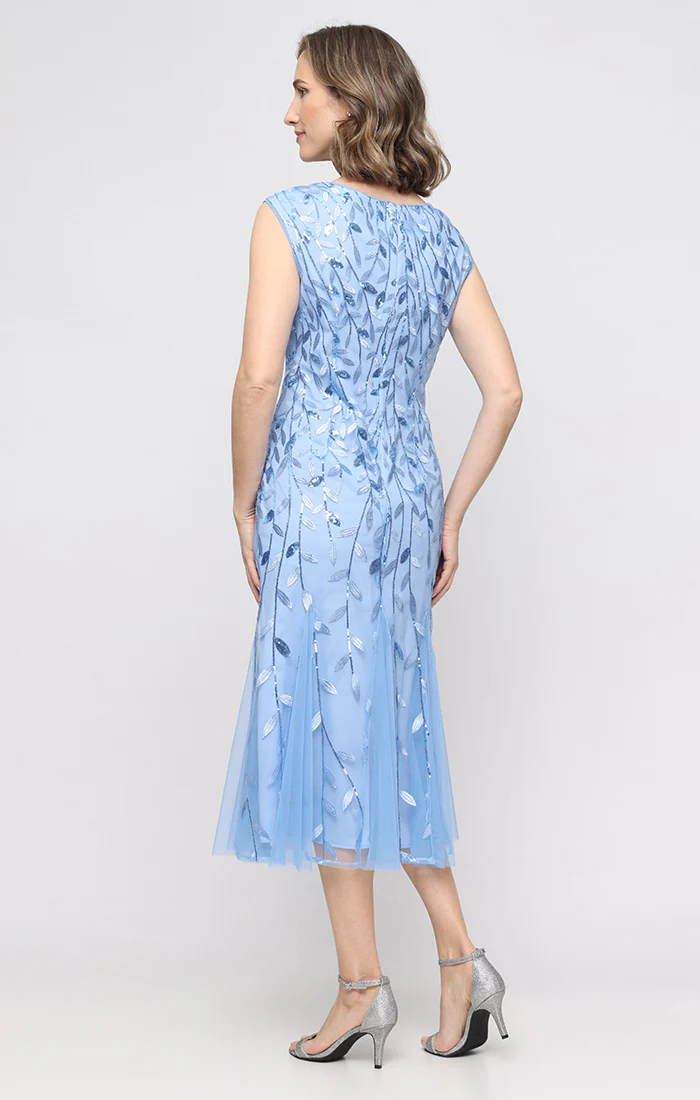 Petite Midi Embroidered Dress with Illusion Neckline and Godet Detail Skirt - Image 3