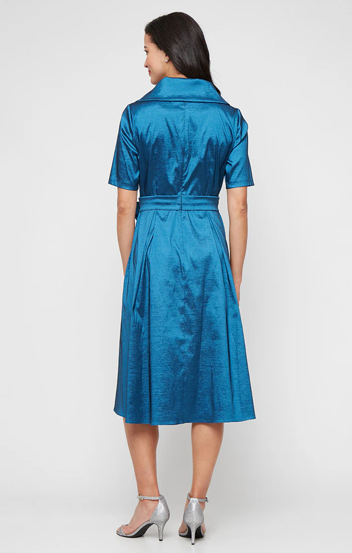 Midi Stretch Taffeta Portrait Collar Dress with Elbow Sleeves and Tie Waist Detail - Image 2