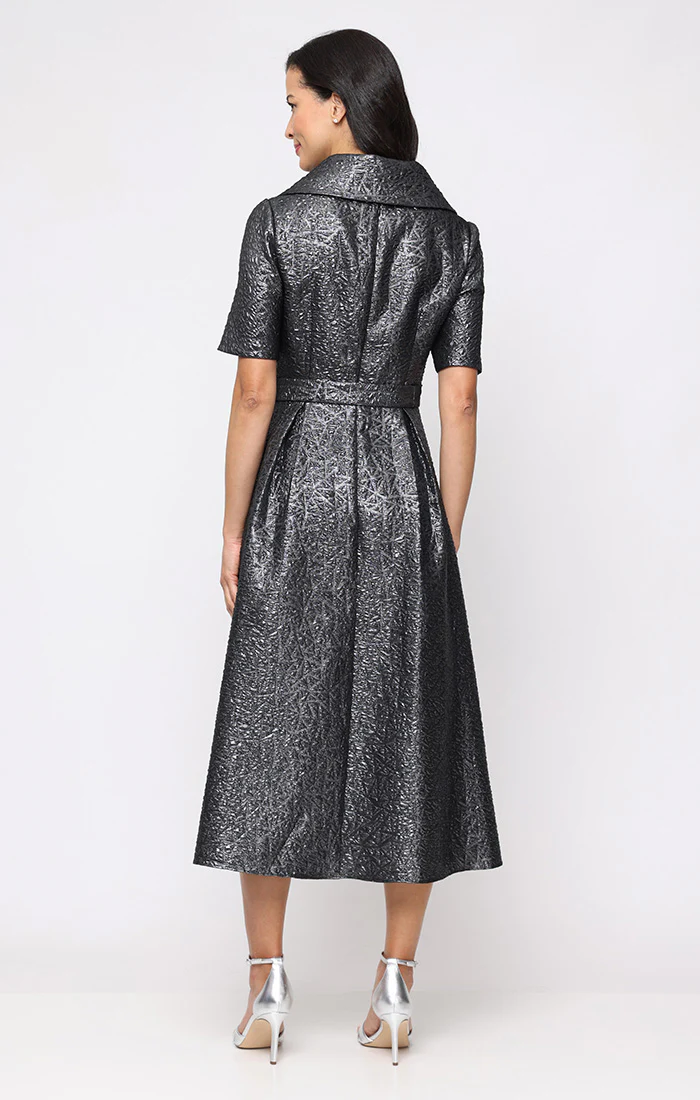 Petite - Midi Textured Jacquard A-Line Dress with Collar and Tie Waist - Image 3