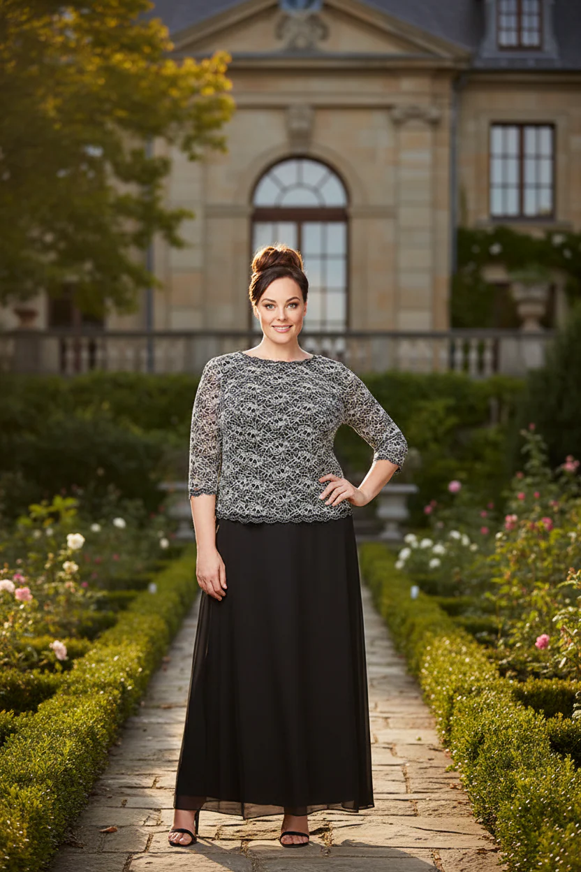 Plus Long Gown with Lace Bodice with Scalloped Hem and Chiffon Skirt - Image 3