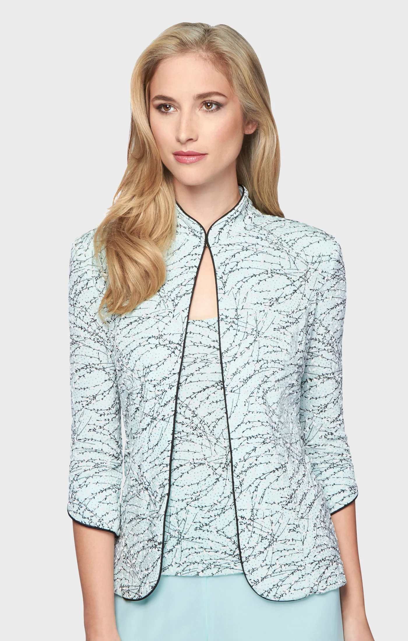 Textured Mandarin Neck Glitter Knit 3/4 Sleeve Twinset - Image 13